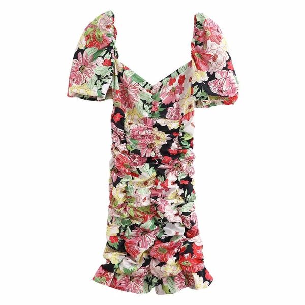 casual woman flower printing puff sleeve pleated mini dress fashion ladies ruffle hem slim dresses kg-963, Black;gray